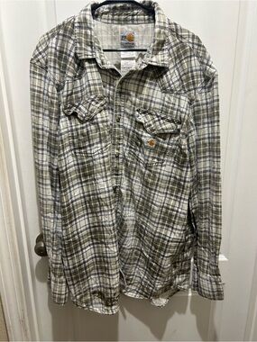 Carhartt Men's Olive and White Plaid Button-Down FR Work Shirt 2X
